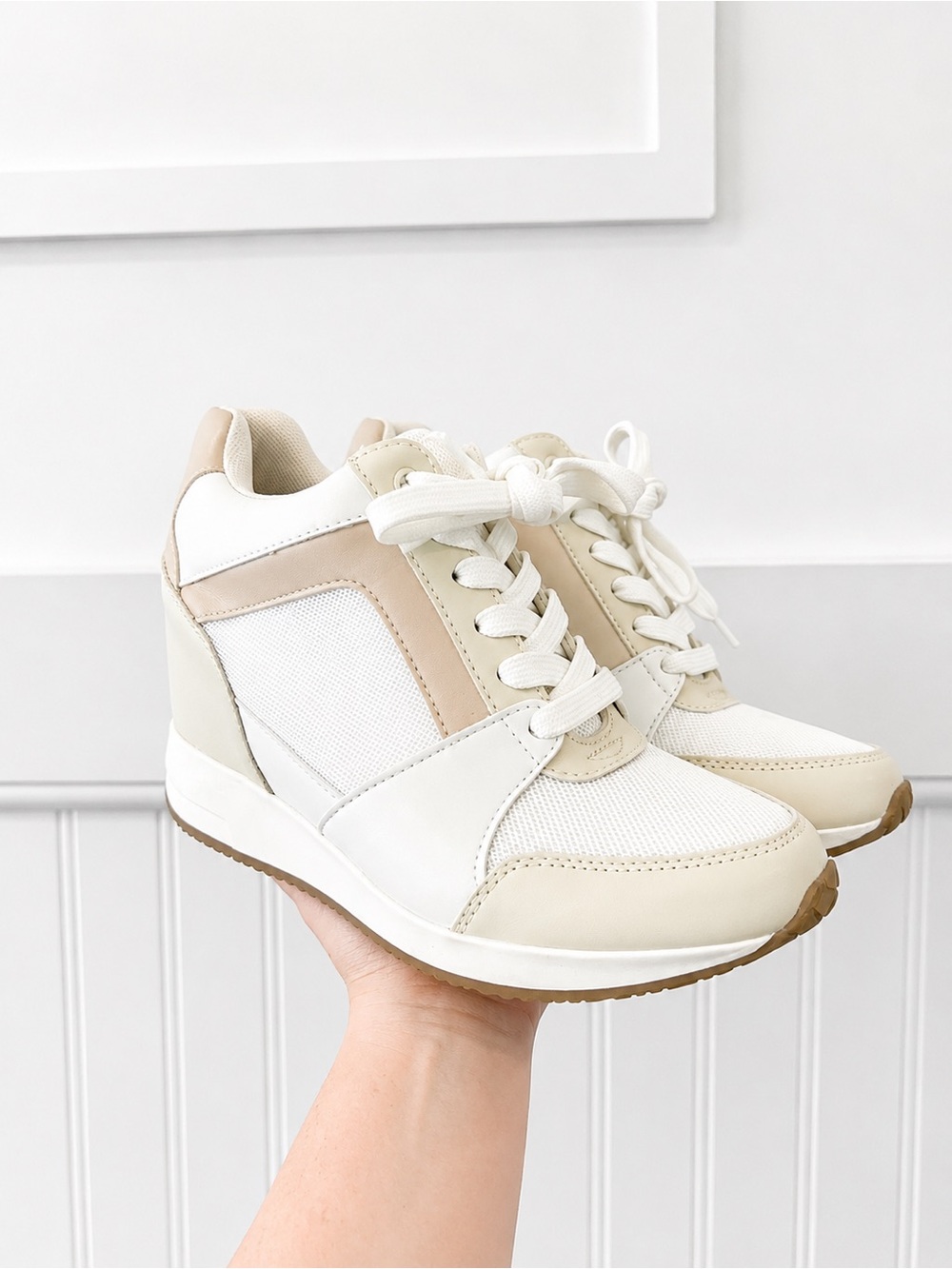 Serra Neutral Wedge Sneakers in White and Beige
